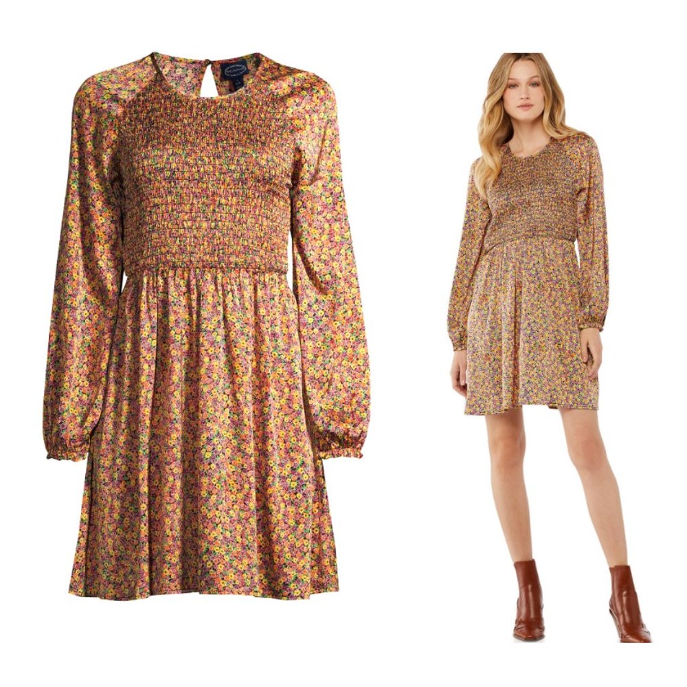 Women's Floral Smocked Front Fit and Flare Dress Large